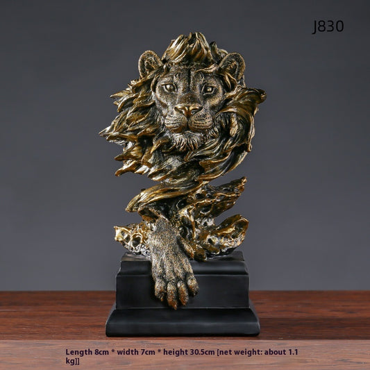 American Retro Animal Copper Lion Head Portrait Resin Craft Ornament Hallway Office Wine Cabinet Decoration