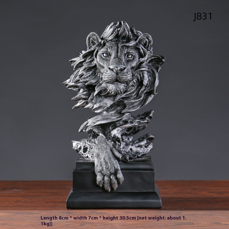 American Retro Animal Copper Lion Head Portrait Resin Craft Ornament Hallway Office Wine Cabinet Decoration