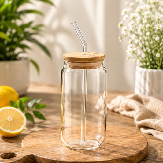 Round Glass Mug with Glass Straw & Bamboo Lid