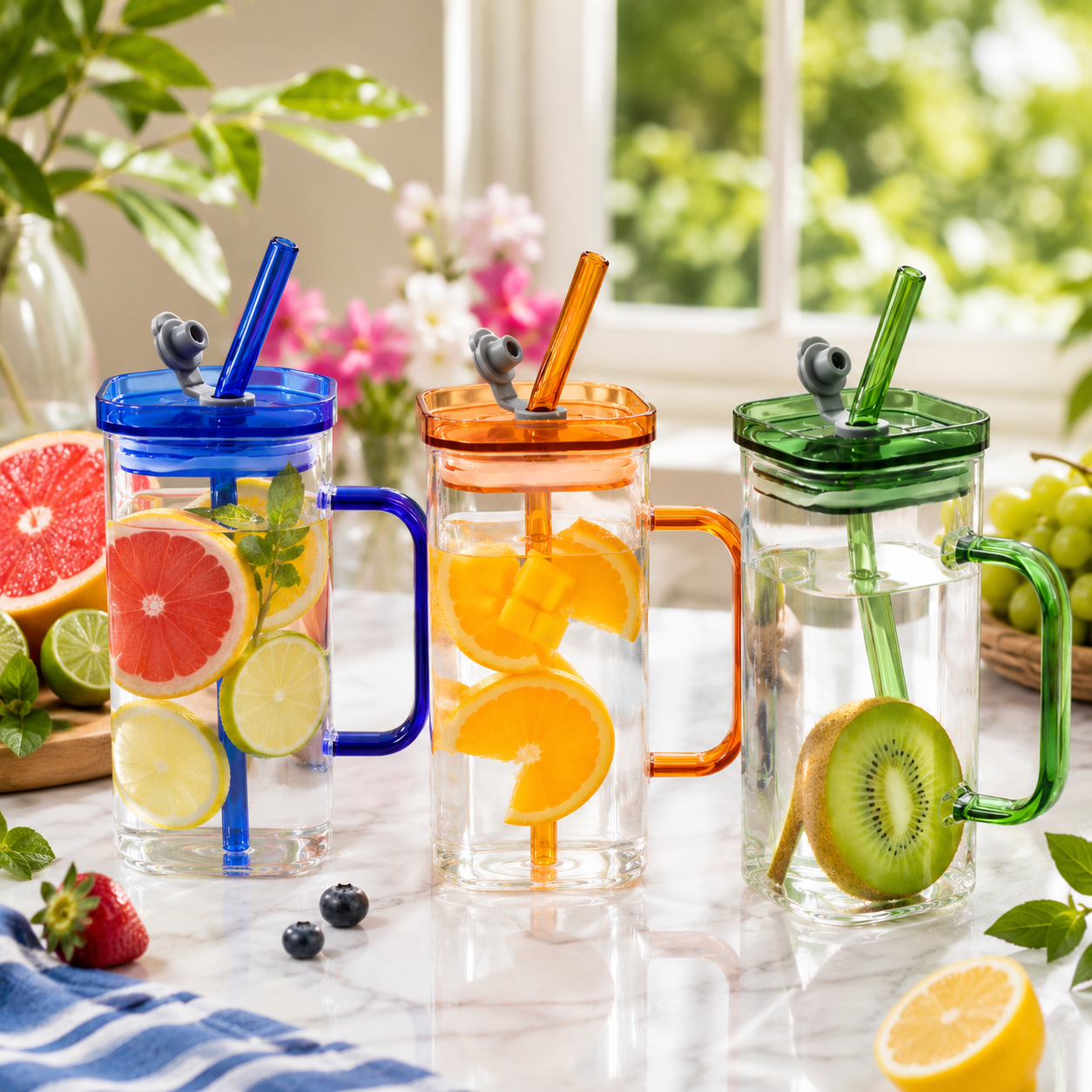 Square Glass Mug with Colored Lid and Straw