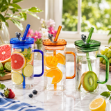 Square Glass Mug with Colored Lid and Straw