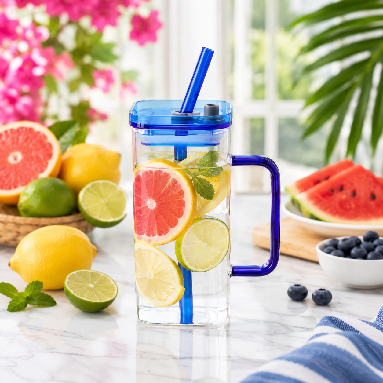 Square Glass Mug with Colored Lid and Straw