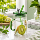 Square Glass Mug with Colored Lid and Straw