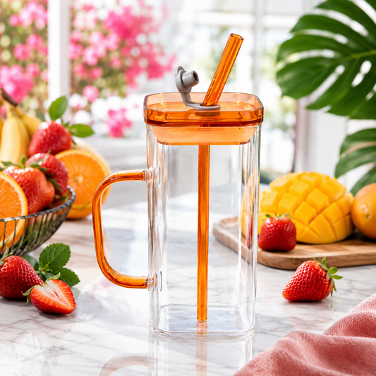 Square Glass Mug with Colored Lid and Straw