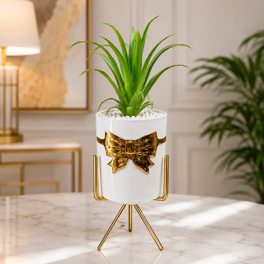 Luxury Ceramic Bow Planter Pot with Gold Metal Stand