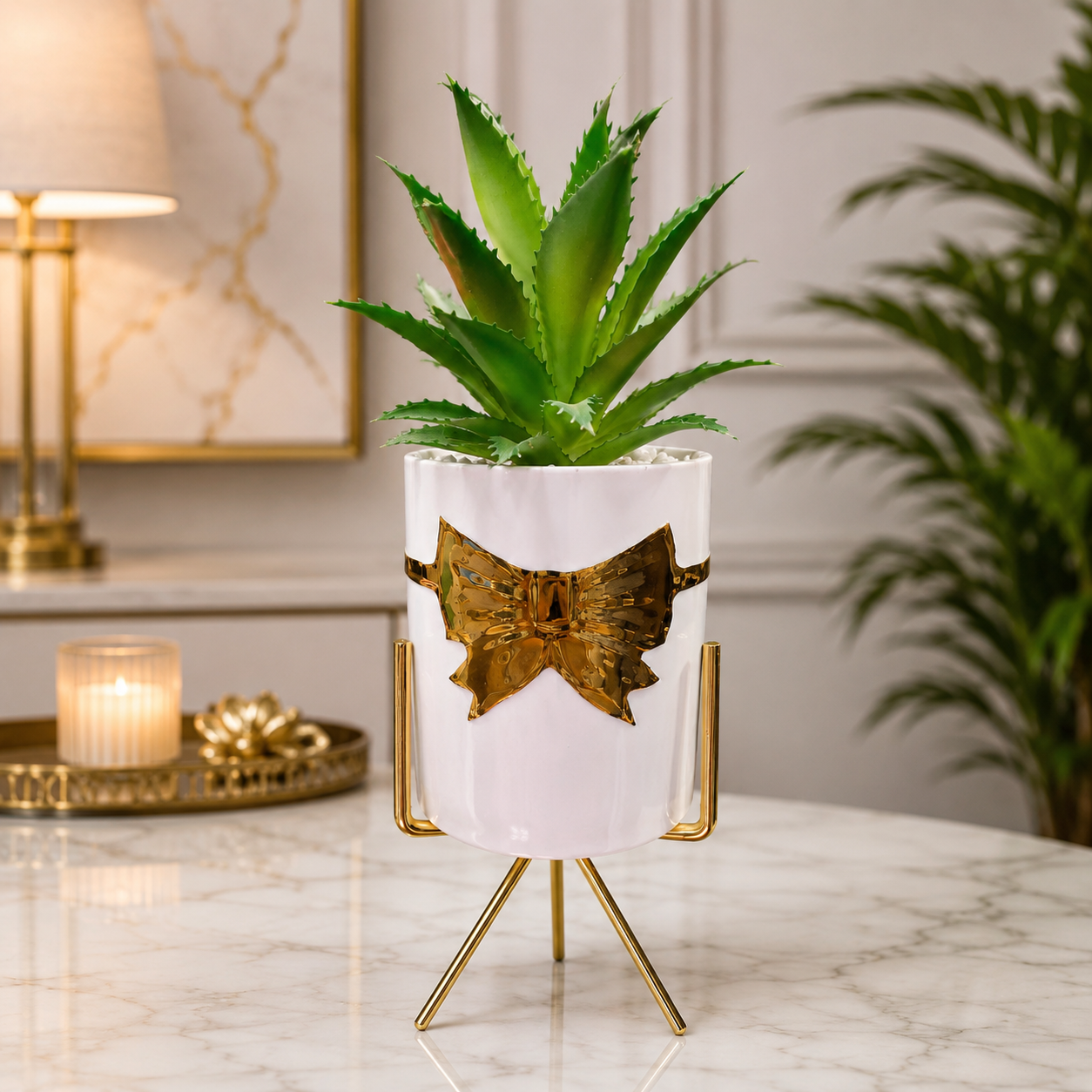 Luxury Ceramic Bow Planter Pot with Gold Metal Stand
