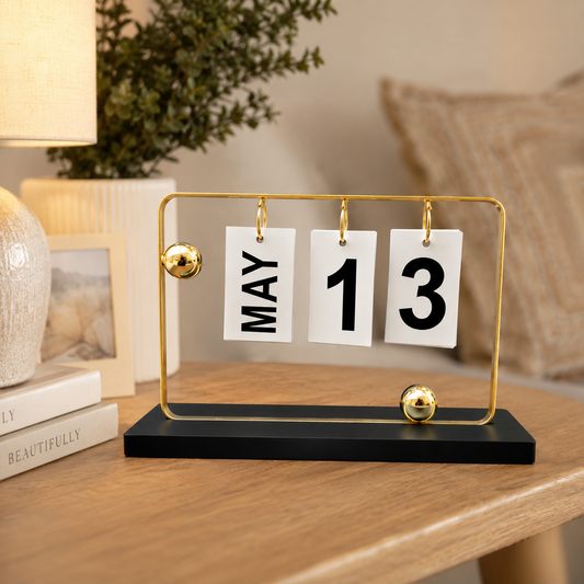 Elegant Gold Metal Flip Desk Calendar with Wooden Base and Ball Figurines – Perpetual Desktop Date Display