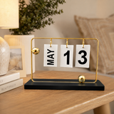 Elegant Gold Metal Flip Desk Calendar with Wooden Base and Ball Figurines – Perpetual Desktop Date Display