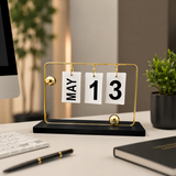 Elegant Gold Metal Flip Desk Calendar with Wooden Base and Ball Figurines – Perpetual Desktop Date Display