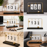 Elegant Gold Metal Flip Desk Calendar with Wooden Base and Ball Figurines – Perpetual Desktop Date Display
