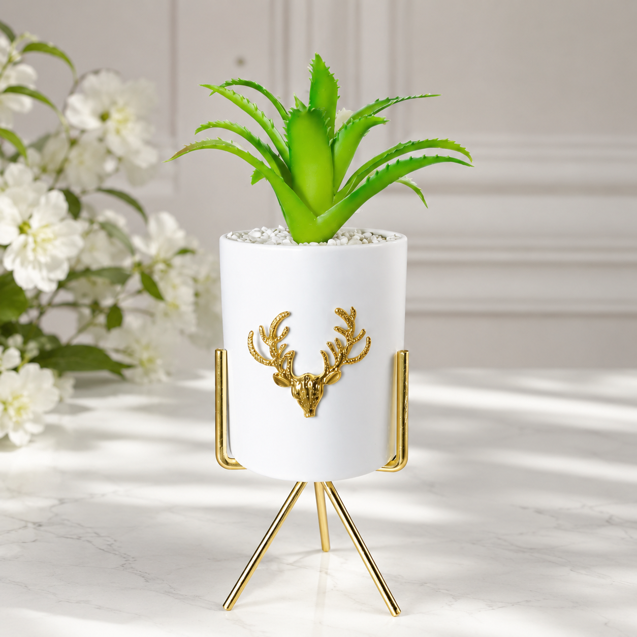 Luxury Ceramic Deer Planter Pot with Gold Metal Stand