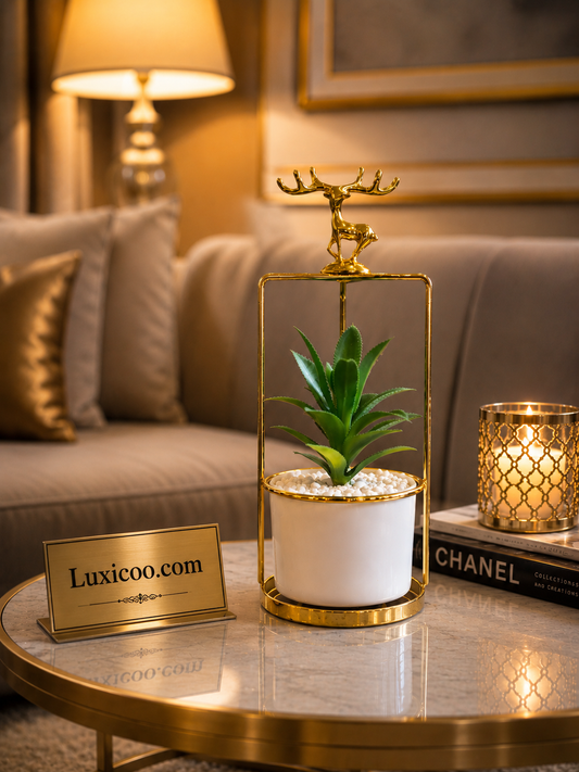 Luxury Large Leaf Ceramic Planter with Golden Deer Frame