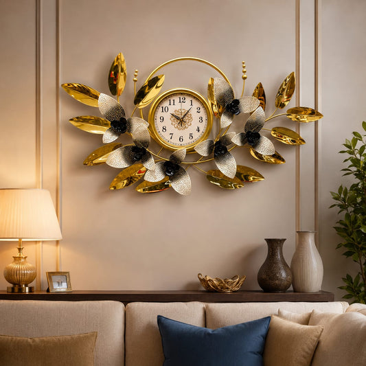 Luxury Wall Clock With Golden Acrylic Leafs